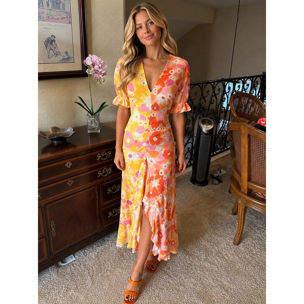 RIXO Ariel Floral Midi Dress Pink Orange Yellow Size S Mod Retro Flower Power